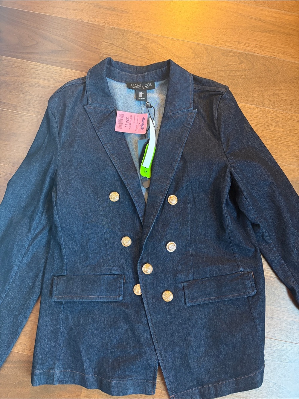 Rachel Zoe Navy Denim Double-Breasted Blazer with Gold Buttons